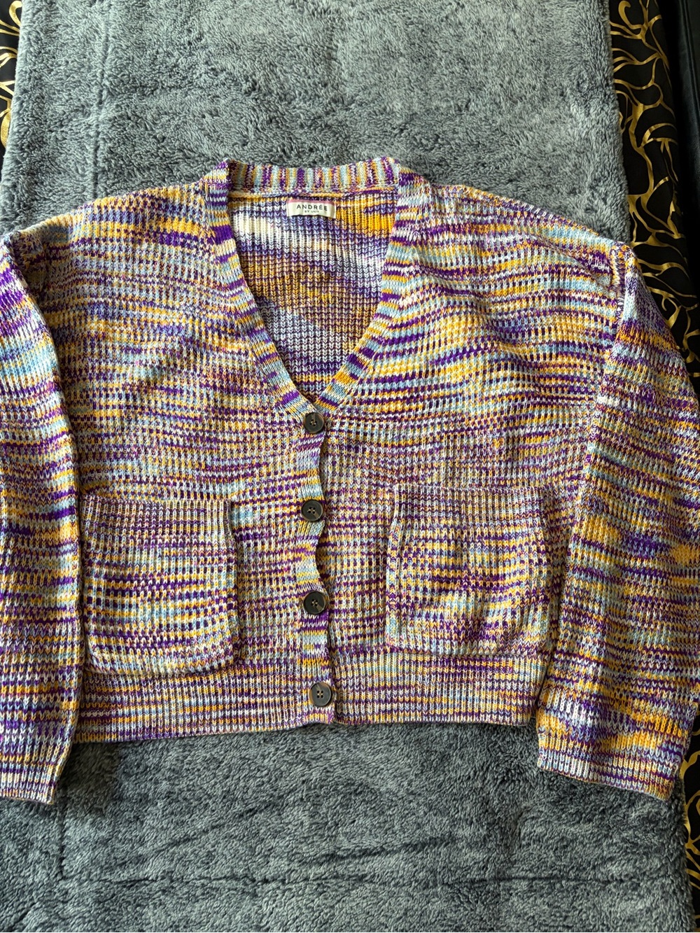 Andree Multicolor Knit Cardigan in Purple, Yellow & Cream